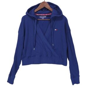 Tommy Hilfiger Ribbed Wrap Front Cropped Hoodie Women L Blue Athleisure Layering
